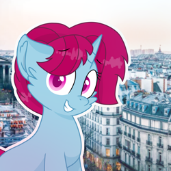 Size: 1150x1150 | Tagged: safe, artist:rainbow eevee, oc, oc only, oc:spring grezt, pony, anxious, beautiful, building, colored pupils, colorful, cute, eyebrows, eyebrows visible through hair, france, icon, irl, looking at you, magical lesbian spawn, offspring, parent:spring rain, parent:tempest shadow, parents:springshadow, paris, photo, solo
