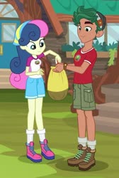 Size: 475x707 | Tagged: safe, screencap, bon bon, sweetie drops, timber spruce, equestria girls, g4, my little pony equestria girls: legend of everfree, bag, boots, camp everfree outfits, clothes, cropped, female, legs, male, shoes, shorts, smiling, socks