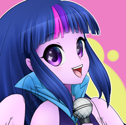 Size: 716x712 | Tagged: safe, artist:noodlefreak88, twilight sparkle, alicorn, equestria girls, g4, my little pony equestria girls: rainbow rocks, abstract background, anime, bust, cute, female, looking at you, microphone, open mouth, portrait, solo, twiabetes, twilight sparkle (alicorn)