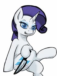Size: 768x1024 | Tagged: safe, artist:secretlifeofrarity, rarity, pony, unicorn, g4, crossed hooves, crossed legs, evil, evil rarity, evil smile, eyeshadow, female, grin, holding, holding a knife, knife, makeup, mare, no tail, simple background, sitting, smiling, solo, white background