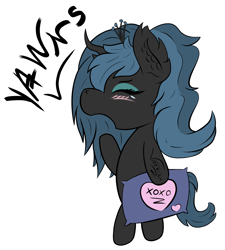 Size: 2304x2560 | Tagged: safe, artist:vixenin, queen chrysalis, changeling, g4, bipedal, blushing, chibi, crown, cute, cutealis, ear fluff, eyes closed, female, filly, filly queen chrysalis, fluffy changeling, high res, holeless, jewelry, open mouth, pillow, profile, regalia, simple background, sleepy, solo, transparent background, xoxo, yawn, younger
