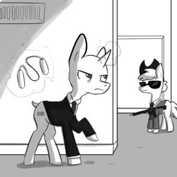 Size: 1080x1080 | Tagged: safe, artist:tjpones, pony, unicorn, agent 47, barcode, clothes, garrote, grayscale, gun, hitman, imminent murder, monochrome, necktie, ponified, rifle, sneaking, solo, suit, sunglasses, weapon
