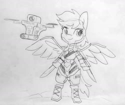 Size: 1679x1412 | Tagged: safe, artist:tjpones, rainbow dash, pegasus, semi-anthro, g4, arm hooves, armor, black and white, drone, female, grayscale, gun, knife, monochrome, pencil drawing, solo, spread wings, traditional art, weapon, wings