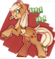 Size: 1012x1092 | Tagged: safe, artist:lottafandoms, applejack, earth pony, pony, applejack (g5 concept leak), eye clipping through hair, female, g5 concept leak style, g5 concept leaks, hooves, mare, rearing, redesign, simple background, smiling, solo, straw in mouth
