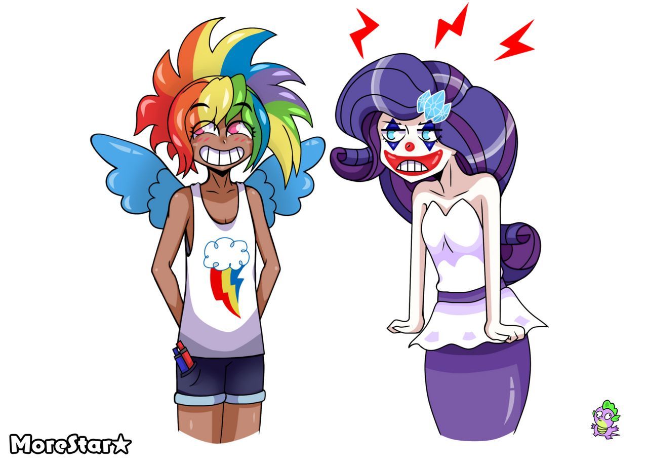 2249327 - safe, artist:morestar, kotobukiya, rainbow dash, rarity, human,  g4.5, my little pony: pony life, angry, clown makeup, dark skin, humanized,  joker (2019), kotobukiya rainbow dash, kotobukiya rarity, makeup, prank,  rarity is