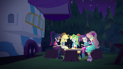 Size: 1920x1080 | Tagged: safe, screencap, applejack, fluttershy, rainbow dash, rarity, sci-twi, twilight sparkle, equestria girls, equestria girls specials, g4, my little pony equestria girls: better together, my little pony equestria girls: sunset's backstage pass, female, food, marshmallow, music festival outfit, shoes, sneakers, tree stump