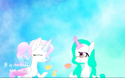 Size: 719x451 | Tagged: safe, artist:memengla, artist:star studded, oc, alicorn, pony, unicorn, alicorn oc, cup, duo, female, glasses, horn, mare, teacup, wings