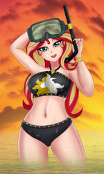 Size: 1276x2127 | Tagged: safe, artist:anonix123, sunset shimmer, human, equestria girls, g4, armpits, belly button, bikini, clothes, cutie mark swimsuit, dive mask, female, human coloration, humanized, looking at you, mask, sexy, snorkel, solo, stupid sexy sunset shimmer, sunset shimmer's beach shorts swimsuit, swimsuit