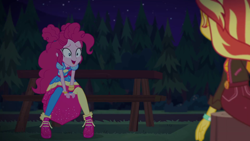 Size: 1920x1080 | Tagged: safe, screencap, pinkie pie, sunset shimmer, equestria girls, equestria girls series, g4, sunset's backstage pass!, spoiler:eqg series (season 2), female, music festival outfit, shoes, sneakers