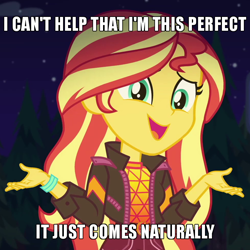 Size: 650x650 | Tagged: safe, edit, edited screencap, screencap, sunset shimmer, equestria girls, equestria girls series, g4, sunset's backstage pass!, spoiler:eqg series (season 2), caption, cropped, facts, female, image macro, meme, music festival outfit, solo, text, truth