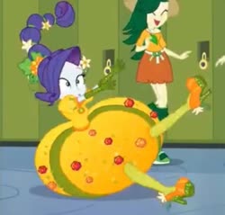 Size: 749x715 | Tagged: safe, screencap, rarity, sweet leaf, equestria girls, equestria girls specials, g4, my little pony equestria girls: better together, my little pony equestria girls: holidays unwrapped, o come all ye squashful, canterlot high, cornucopia costumes, cropped, female, inflatable dress, lockers