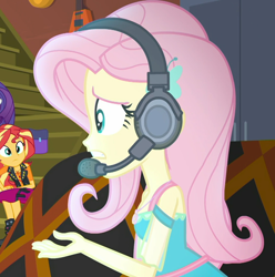 Size: 1072x1080 | Tagged: safe, screencap, fluttershy, rarity, sunset shimmer, costume conundrum, equestria girls, g4, my little pony equestria girls: choose your own ending, breasts, cropped, female, gamershy, geode of empathy, geode of fauna, headset, magical geodes, offscreen character, solo focus, stairs, sunset's apartment, worried