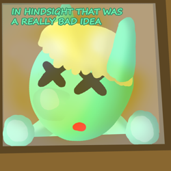 Size: 1000x1000 | Tagged: safe, artist:artdbait, oc, oc only, oc:goldy, earth pony, pony, series:goldy and hazard, against glass, blind, female, filly, glass, green fur, hindsight, simple background, simple shading, solo, sunrise, unhappy, window, x eyes, yellow mane