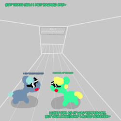 Size: 1000x1000 | Tagged: safe, artist:artdbait, oc, oc only, oc:goldy, oc:hazard pay, earth pony, pony, series:goldy and hazard, asdfmovie, best friends, blue eyes, bonding, female, foal, green fur, mare, simple background, simple shading, smiling, solo, yellow mane
