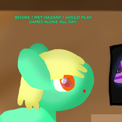 Size: 1000x1000 | Tagged: safe, artist:artdbait, oc, oc only, oc:goldy, earth pony, pony, series:goldy and hazard, amber eyes, excited, green fur, simple background, simple shading, solo, television, video game, yellow mane