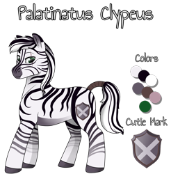 Size: 1182x1200 | Tagged: safe, artist:69beas, oc, oc only, oc:palatinatus clypeus, pony, zebra, commission, cutie mark, reference sheet, scar, solo, tail wrap, zebra oc