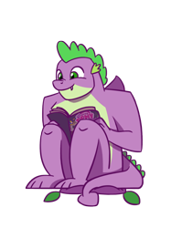 Size: 1280x1707 | Tagged: safe, artist:flutterluv, spike, dragon, g4, the last problem, adult, adult spike, book, comic book, cute, gigachad spike, male, older, older spike, reading, simple background, sitting, smiling, solo, spikabetes, spike appreciation day, transparent background, winged spike, wings