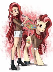 Size: 712x974 | Tagged: safe, artist:rjamez-the-v, artist:rjamez.the.v, oc, oc only, oc:red palette, human, pony, artist, clothes, cute, easel, female, human and pony, humanized, mare, paint, paintbrush, scarf, solo