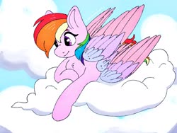 Size: 2048x1536 | Tagged: safe, artist:incendiarymoth, firefly, rainbow dash, pegasus, pony, seraph, g4, cloud, female, fusion, multiple wings, prone, solo