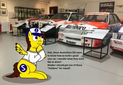 Size: 1280x891 | Tagged: safe, artist:didgereethebrony, oc, oc only, oc:ponyseb, pegasus, pony, australia, bathurst, car, dialogue, didgeree collection, holden, holden commodore, holden torana, mlp in australia, museum, national motor racing museum, peter brock, ponytail, racecar, solo