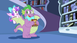 Size: 8000x4500 | Tagged: safe, artist:aleximusprime, artist:disneymarvel96, artist:parclytaxel, princess flurry heart, spike, alicorn, dragon, pony, g4, absurd resolution, book, bookshelf, bowtie, fat, fat spike, female, filly, filly flurry heart, flying, library, looking at each other, male, older, older spike, winged spike, wings