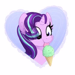 Size: 2500x2500 | Tagged: safe, artist:lbrcloud, starlight glimmer, pony, unicorn, g4, bust, cute, eating, eye clipping through hair, female, food, glimmerbetes, happy, heart, heart background, high res, ice cream, ice cream cone, licking, mare, solo, tongue out
