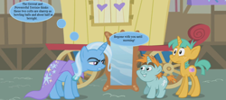 Size: 1188x528 | Tagged: safe, edit, edited screencap, editor:korora, screencap, snails, snips, trixie, boast busters, g4, cape, clothes, cropped, looney tunes, mirror, speech, speech bubble, thought bubble, trixie's cape, trixie's wagon
