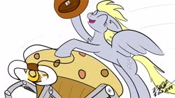 Size: 3839x2159 | Tagged: safe, artist:flywheel, derpy hooves, pegasus, pony, robot, g4, ^^, applejack's hat, bullriding, cowboy hat, eyes closed, food, funny, hat, high res, muffin, solo