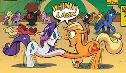 Size: 1615x934 | Tagged: safe, artist:andypriceart, idw, official comic, applejack, rarity, earth pony, pegasus, pony, unicorn, friends forever, g4, spoiler:comic, spoiler:comicff8, background pony, didney worl, duo focus, female, male, mare, stallion, unnamed character, unnamed pony, whinnyland