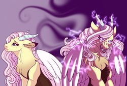 Size: 2500x1694 | Tagged: safe, artist:gigason, oc, oc only, oc:freya, draconequus, hybrid, angry, duality, high res, interspecies offspring, magic, next generation, offspring, parent:discord, parent:fluttershy, parents:discoshy, solo