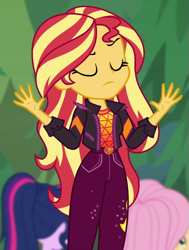 Size: 717x948 | Tagged: safe, screencap, applejack, fluttershy, sci-twi, sunset shimmer, twilight sparkle, equestria girls, equestria girls specials, g4, my little pony equestria girls: better together, my little pony equestria girls: sunset's backstage pass, cropped, female, music festival outfit