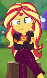 Size: 561x926 | Tagged: safe, screencap, sunset shimmer, equestria girls, equestria girls series, g4, sunset's backstage pass!, spoiler:eqg series (season 2), cropped, crossed arms, crossed legs, female, shrunken pupils, solo, tomboy, tree stump
