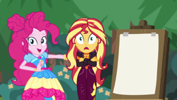 Size: 1920x1080 | Tagged: safe, screencap, pinkie pie, sunset shimmer, equestria girls, equestria girls specials, g4, my little pony equestria girls: better together, my little pony equestria girls: sunset's backstage pass, female, geode of empathy, geode of sugar bombs, imported from twibooru, magical geodes, music festival outfit, template