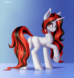 Size: 2877x3000 | Tagged: safe, artist:setharu, oc, oc only, pony, unicorn, female, gradient background, high res, horn, mare, not blackjack, simple background, solo, underhoof
