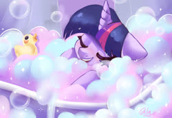 Size: 1600x1100 | Tagged: safe, artist:oofycolorful, twilight sparkle, alicorn, pony, g4, bath, blushing, bubble, bubble bath, cute, eyes closed, female, floppy ears, mare, open mouth, rubber duck, solo, twiabetes, twilight sparkle (alicorn)