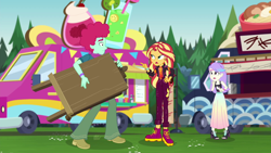 Size: 1920x1080 | Tagged: safe, screencap, oxford brush, snow flower, sunset shimmer, equestria girls, equestria girls specials, g4, my little pony equestria girls: better together, my little pony equestria girls: sunset's backstage pass, food truck, heartbreak, music festival outfit, oxflower, sleeveless