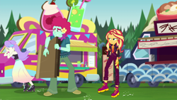 Size: 1920x1080 | Tagged: safe, screencap, oxford brush, snow flower, sunset shimmer, equestria girls, equestria girls specials, g4, my little pony equestria girls: better together, my little pony equestria girls: sunset's backstage pass, crying, food truck, music festival outfit, oxflower, sleeveless