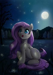 Size: 1697x2400 | Tagged: safe, artist:fidzfox, fluttershy, firefly (insect), insect, pegasus, pony, chest fluff, cute, female, folded wings, full moon, looking at something, mare, moon, night, open mouth, outdoors, raised hoof, shyabetes, sitting, sky, solo, stars, tree, wings
