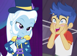 Size: 693x500 | Tagged: safe, edit, edited screencap, screencap, flash sentry, trixie, equestria girls, equestria girls specials, g4, my little pony equestria girls: spring breakdown, comparison, sentrixie, shipping, shipping domino, starry eyes, straight, wingding eyes