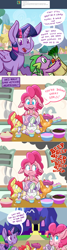 Size: 1280x4794 | Tagged: safe, artist:pippy, apple bloom, pinkie pie, scootaloo, spike, sweetie belle, twilight sparkle, alicorn, pony, pinkiepieskitchen, g4, apron, clothes, cupcake, cutie mark crusaders, fire, floppy ears, food, icing bag, magic, mouth hold, scrunchy face, smoke, twilight sparkle (alicorn), twilight's castle