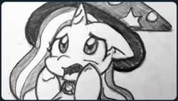 Size: 487x278 | Tagged: safe, artist:zutcha, trixie, pony, unicorn, g4, cropped, female, floppy ears, mare, monochrome, open mouth, sketch, solo, traditional art