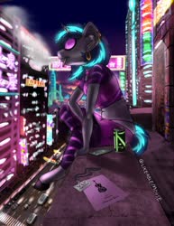 Size: 989x1280 | Tagged: safe, artist:likeablemouse, dj pon-3, vinyl scratch, unicorn, anthro, unguligrade anthro, g4, airpods, balcony, car, cellphone, city, cityscape, clothes, colorful, ear piercing, earbuds, earring, energy drink, female, graffiti, implied octavia melody, japanese kanji, jewelry, lanyard, leggings, mare, midriff, neon, night, panties, phone, piercing, poster, solo, thong, underwear, vape, vinyl's glasses