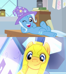 Size: 1280x1440 | Tagged: safe, edit, edited screencap, screencap, flash sentry, trixie, pegasus, pony, unicorn, a horse shoe-in, equestria girls, g4, my little pony equestria girls, belly, female, male, mare, sentrixie, shipping, shipping domino, stallion, straight