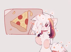 Size: 1280x942 | Tagged: dead source, safe, artist:php146, oc, oc only, oc:ayaka, earth pony, pony, alternate design, bipedal, chest fluff, eye clipping through hair, female, food, mare, meat, pepperoni, pepperoni pizza, pink background, pizza, ponified, simple background, solo, species swap, stars