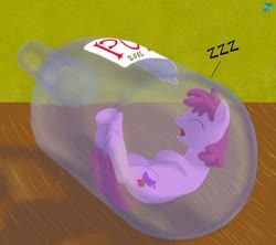 Size: 600x533 | Tagged: safe, artist:quint-t-w, berry punch, berryshine, earth pony, pony, g4, 2014, bottle, bottled character, drool, drunk, female, go home you're drunk, micro, old art, onomatopoeia, open mouth, sleeping, solo, sound effects, zzz