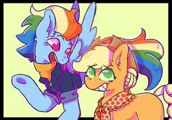 Size: 640x449 | Tagged: artist needed, safe, applejack, rainbow dash, earth pony, pegasus, pony, g4, the last problem, clothes, cute, duo, female, flying, granny smith's shawl, happy, lesbian, mowhawk, older, older applejack, older rainbow dash, ship:appledash, shipping, simple background, smiling, talking
