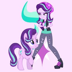 Size: 1280x1280 | Tagged: safe, artist:davidsfire, artist:lyra-stars, artist:media1997, starlight glimmer, human, pony, unicorn, equestria girls, g4, mirror magic, spoiler:eqg specials, beanie, cutie mark background, duality, duo, female, hat, human ponidox, lidded eyes, looking at each other, mare, pink background, raised leg, self ponidox, simple background, smiling
