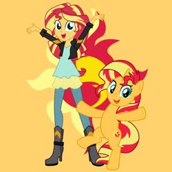Size: 1280x1280 | Tagged: safe, artist:jhayarr23, artist:media1997, artist:mixiepie, sunset shimmer, human, pony, unicorn, equestria girls, g4, bipedal, cute, cutie mark background, duality, female, hooves in air, human ponidox, looking at you, mare, open mouth, orange background, raised leg, self ponidox, shimmerbetes, simple background, smiling, underhoof