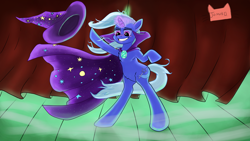 Size: 3840x2160 | Tagged: safe, artist:jomok0, trixie, pony, unicorn, g4, bipedal, cape, clothes, female, glowing horn, grin, hat, high res, horn, magic, mare, smiling, smug, solo, stage, telekinesis, trixie's cape, trixie's hat