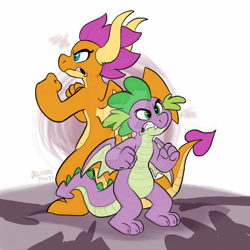 Size: 1024x1024 | Tagged: safe, artist:thedoggygal, smolder, spike, dragon, g4, back to back, duo, female, fighting stance, gritted teeth, male, simple background, watermark, white background, winged spike, wings